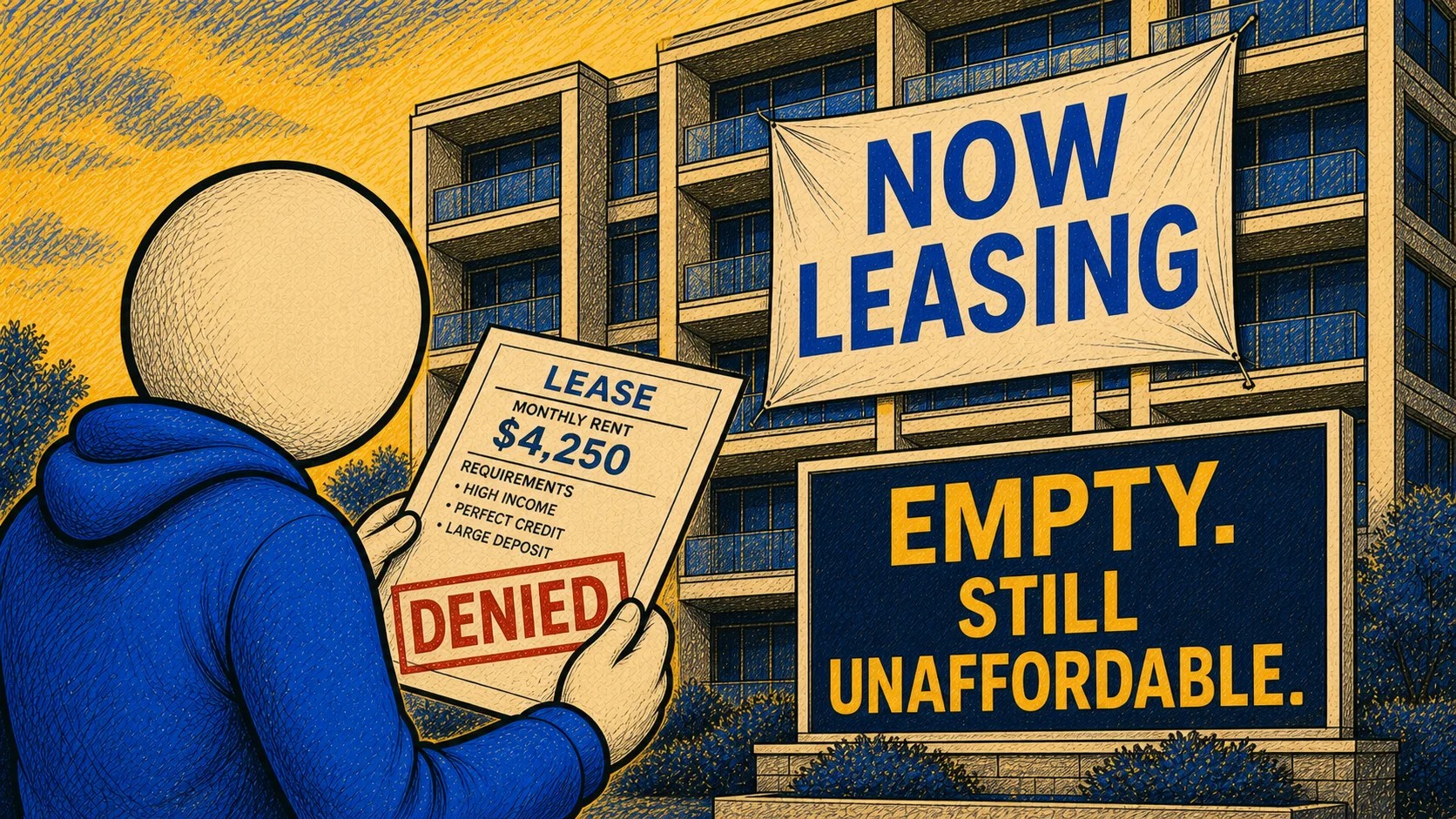 A renter faces an expensive lease outside a mostly empty luxury apartment building