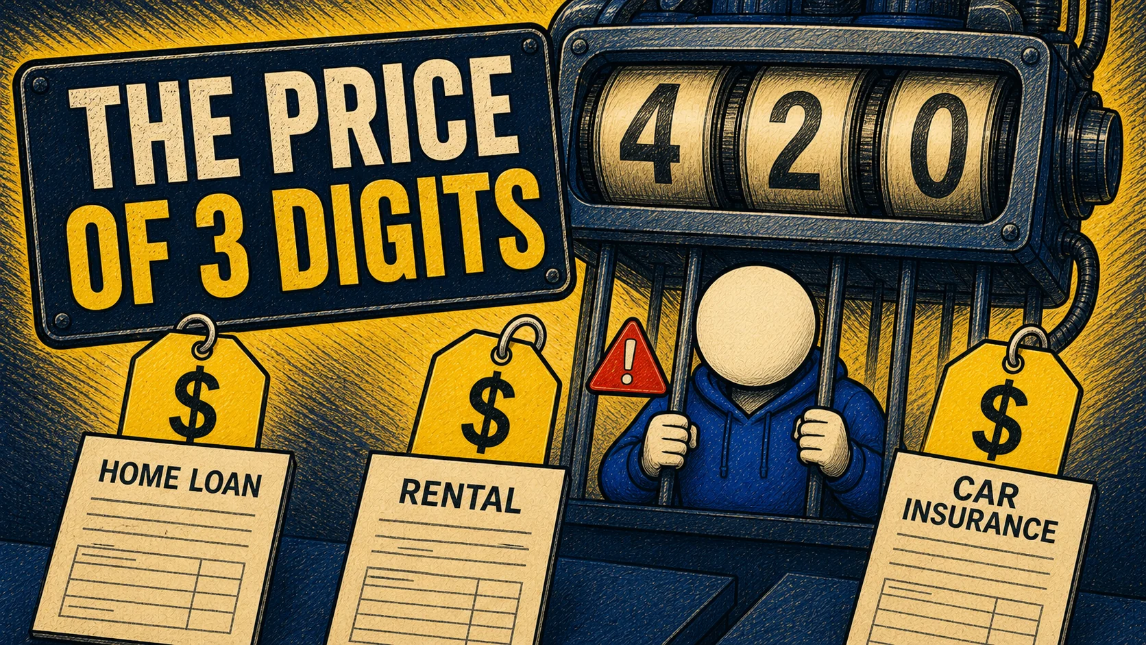 A worker in a blue hoodie behind a credit-pricing machine marked 420