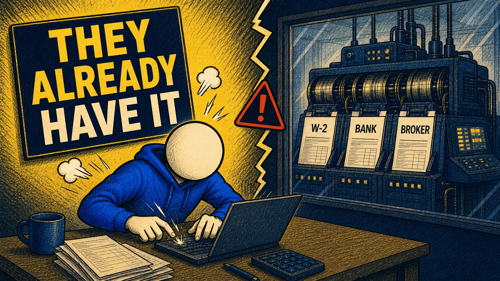 A worker retypes tax information while W-2, bank, and broker forms feed into a government machine