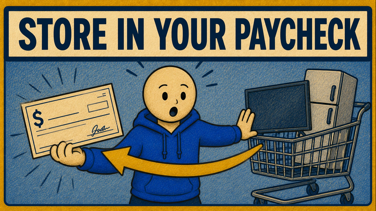 A surprised worker in a blue hoodie sees a merchandise store tied to a paycheck deduction