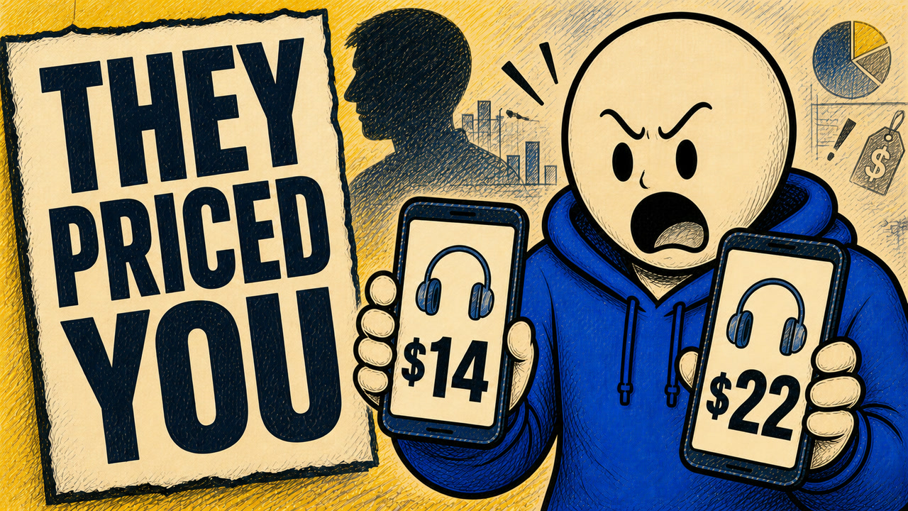 A shopper in a blue hoodie sees two different prices for the same product while a data profile forms behind the screens
