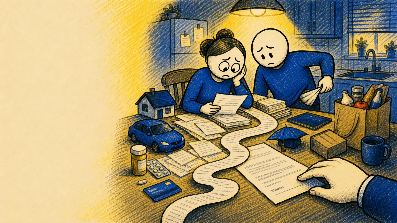 A working family surrounded by bills, payments, and contracts at the kitchen table